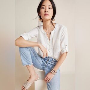 Anthropologie Maeve Marva Lace-Up Linen Blouse